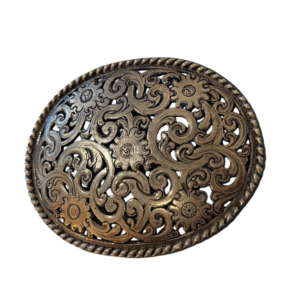 Vintage Silver Tone Filigree Floral Oval Belt Buckle Western Boho Scrollwork